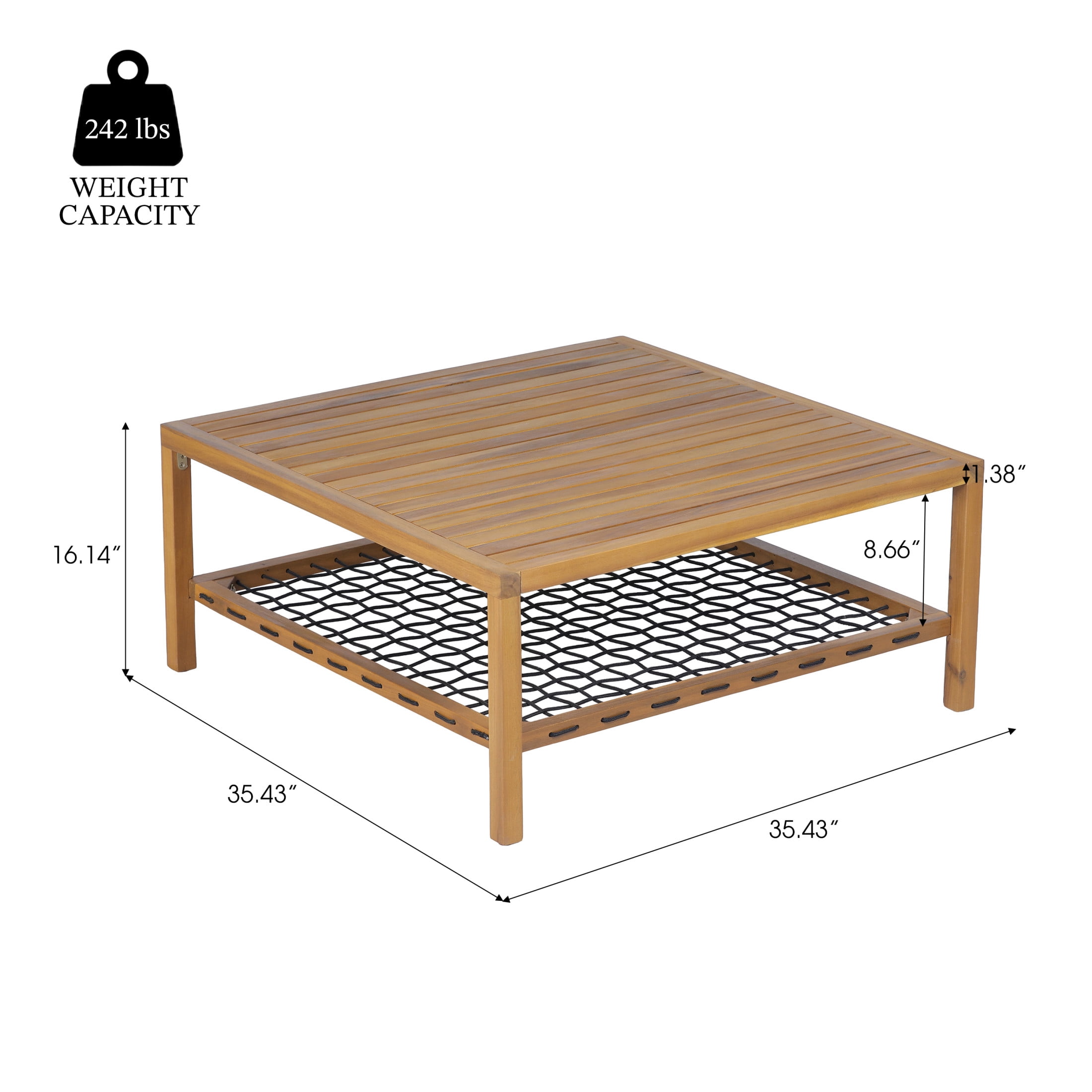 Christopher Knight Home Outdoor Acacia Wood Coffee Table with Woven Rope Storage Shelf, Teak+Black