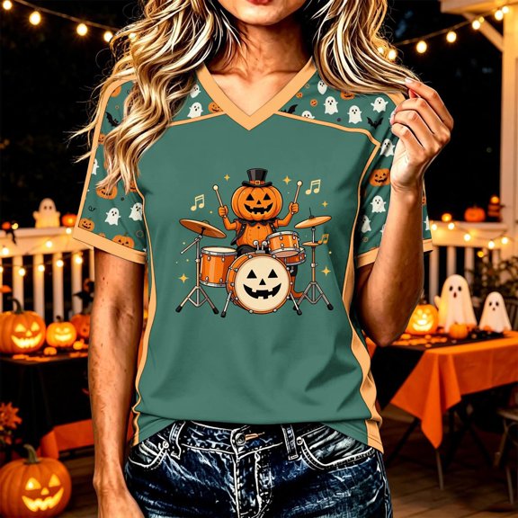 Halloween Shirts for Women V Neck Short Sleeve Graphic Tees Cute Pumpkin Drummer Print Casual Tops Lightweight Fall Holiday Clothes for Festival Wear
