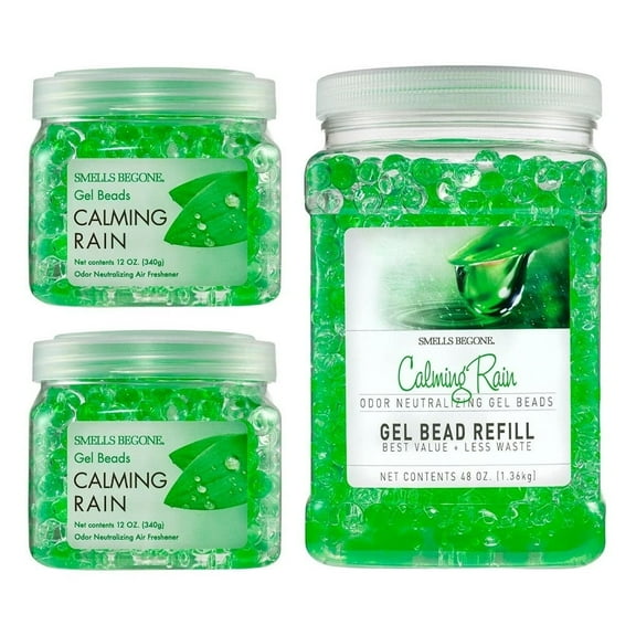 SMELLS BEGONE 12oz (2-Pack) 48oz Refill Odor Eliminator Gel Bead - Air Freshener Calming Rain Scent