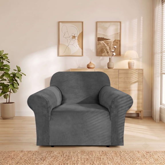 H.VERSAILTEX Thick Stretch Velvet Armchair Slipcover, One-Piece 1-Seater Furniture Protector for Living Room, Gray