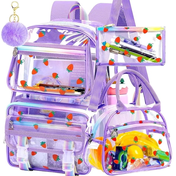 Clear Bookbag Heavy Duty, 3PCS Girls See Through School Bag Set, Cute Transparent Backpack for Women - Strawberry Purple