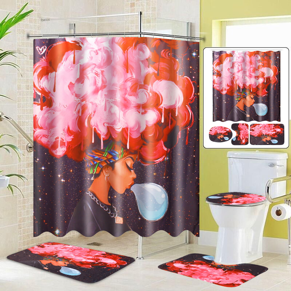 4PCS Non Slip Toilet Polyester Cover Mat Set Bathroom Washes Showing Curtain 