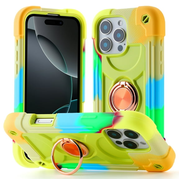 Allytechgroup Military-Grade Phone Case for Apple iPhone 16 Pro Max, Heavy Duty iPhone 16 Pro Max Cover with 360° Ring Kickstand, Shockproof TPU PC Bumper, Raised Edges,Drop Protection, Colorful Green
