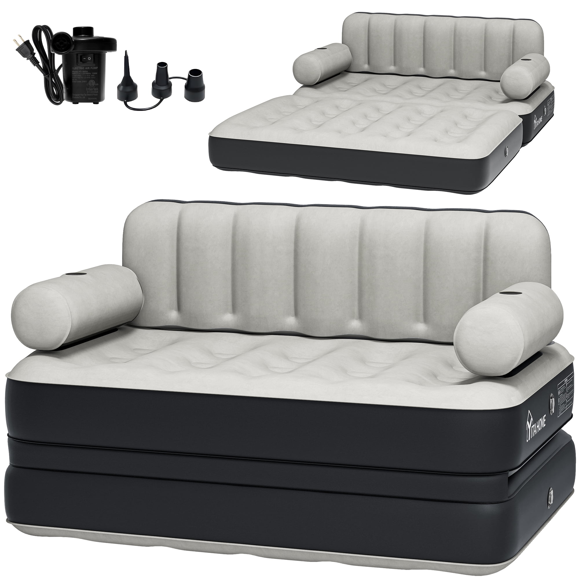 Dextrus Queen Size Air Mattress with Built-in Air Pump, Black Bed Skirt & Gray Top Includes Repair Kit & Storage Bag, Supports Inflation/Deflation