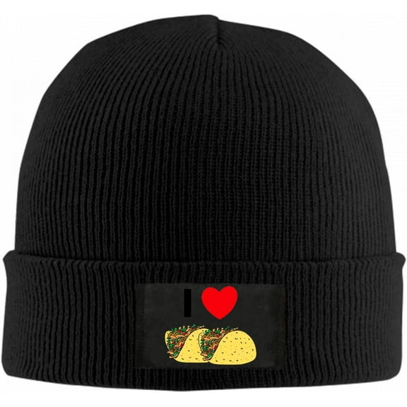 I Love Eat Tacos Beanie Hat for Women Men Winter Hat Cuffed Winter Beanie Warm Skull Cap Plain Knit Hat Cap