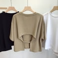 thumbnail image 4 of Women Summer Casual T-shirt O-neck Short Sleeve Back Hollow Short Tops Solid Color Loose Fit Tee Shirt Streetwear-Khaki,L, 4 of 6