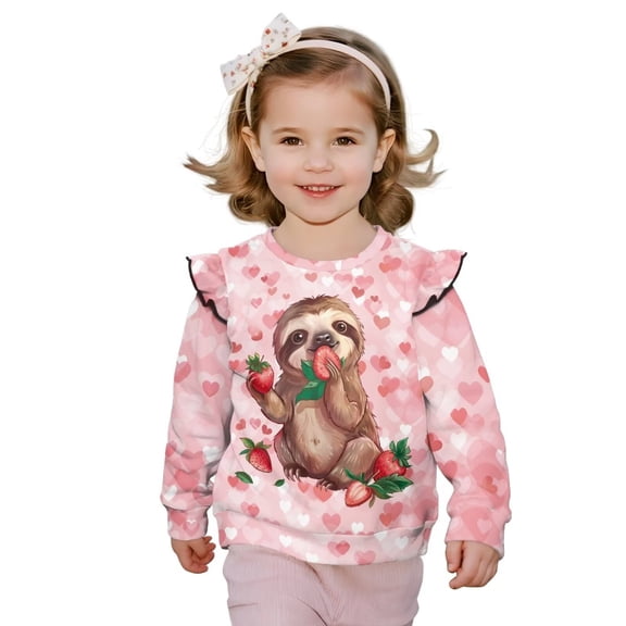 Garronmavis Sloth Toddler Girl Sweatshirt Soft Strawberry Pullover Drop Shoulder Sweater Top 2T Comfortable Ruffle Long Sleeve Girls Top Lightweight Girls Crewneck Sweatshirt for Kids