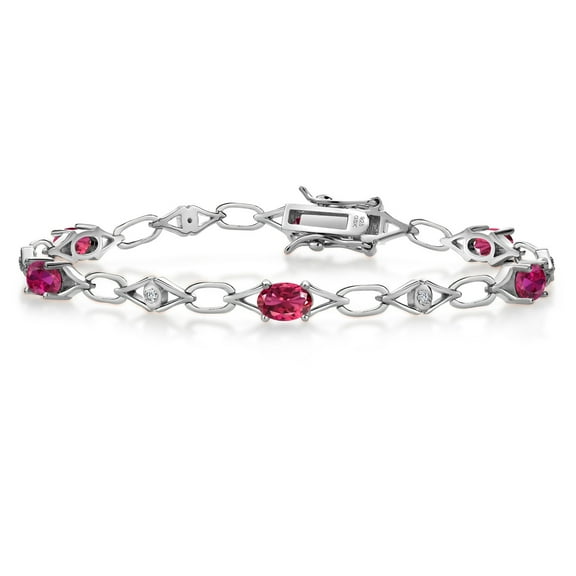 Gem Stone King 925 Sterling Silver Pink Tourmaline and Red Created Ruby and Round Lab Grown Diamond Tennis Bracelet for Women (2.96 Cttw, Gemstone Birthstone, Oval 6X4MM, 7.25 inches)