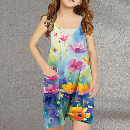 Favoffer Kids Pants (5-13 Years) Girls Summer Outfit Sleeveless Camisole Floral Printed Bodysuit Bib Pants Short Jumpsuit
