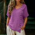 thumbnail image 2 of Diagonal Decorative Button Irregular Curved Hem Cotton Linen Short Sleeve Loose Top for Women Spring Summer Blouse S-3XL Plus Size, 2 of 9