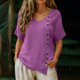 thumbnail image 1 of Craaazy Women's Lightweight Relaxed Fit V Neck Blouse, Solid Color Short Sleeve Cotton Linen Top, Comfy Asymmetric Hem Button Accent Tee for Work & Weekend Gifts, 1 of 9