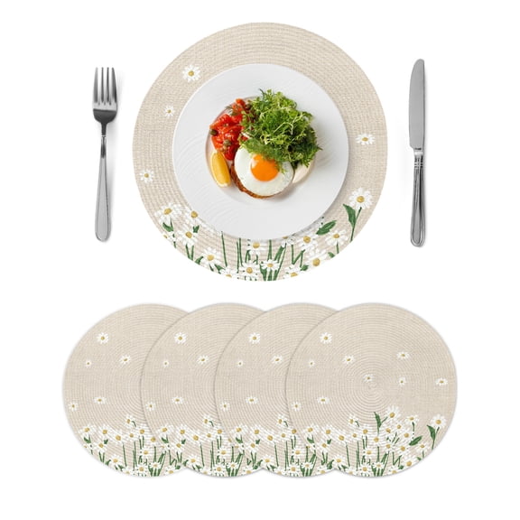 Spring Floral Round Placemats Set of 4, Braided Polypropylene Place Mats, White Daisy Farmhouse Linen Texture Washable Table Mats for Kitchen Dinner Holiday Wedding Party Coffee Table Decoration 13"
