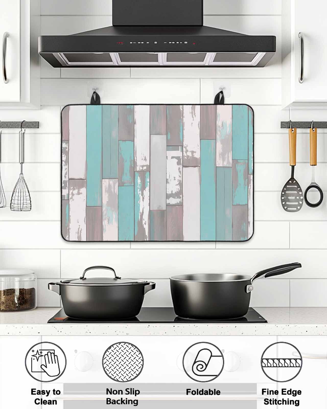 Stove Top Covers for Electric Stove, Turquoise Gray Glass Stovetop Cover Protector, Country Retro Mottled Texture Wood Grain Induction Cooktop Protector Oven Mat for Kitchen Countertop 24"x21"