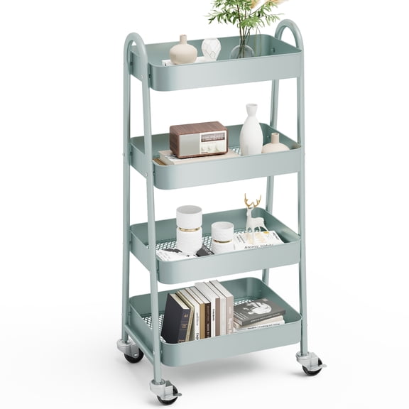 CONCETTA Versatile 4-Tier Metal Utility Cart with Locking Casters, Multi-Scenario Use for Office, Living Room, Kitchen, Green