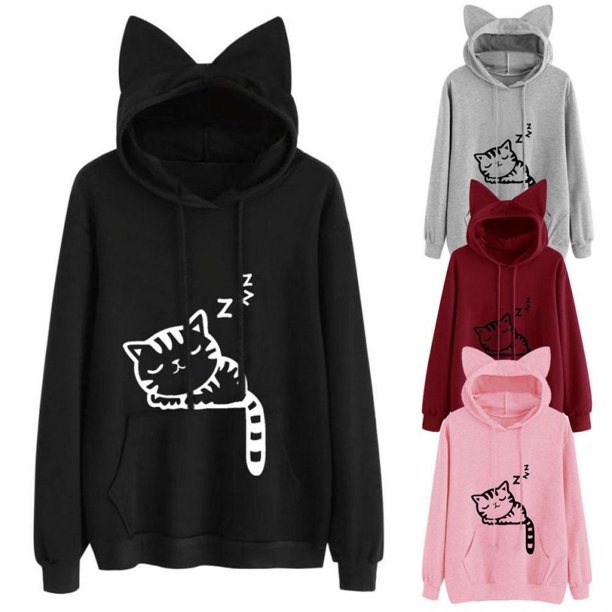 MesaSe Women Hoodies-Tops- Cute Cat Ear Novelty Printed