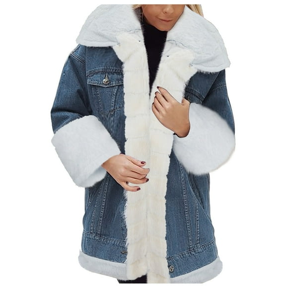 MKLEKYY Long Fall Jackets for Women Womens Winter Denim Coat Thicken Lined Jacket Warm Overcoat Plus Size Jean Outerwear Coat