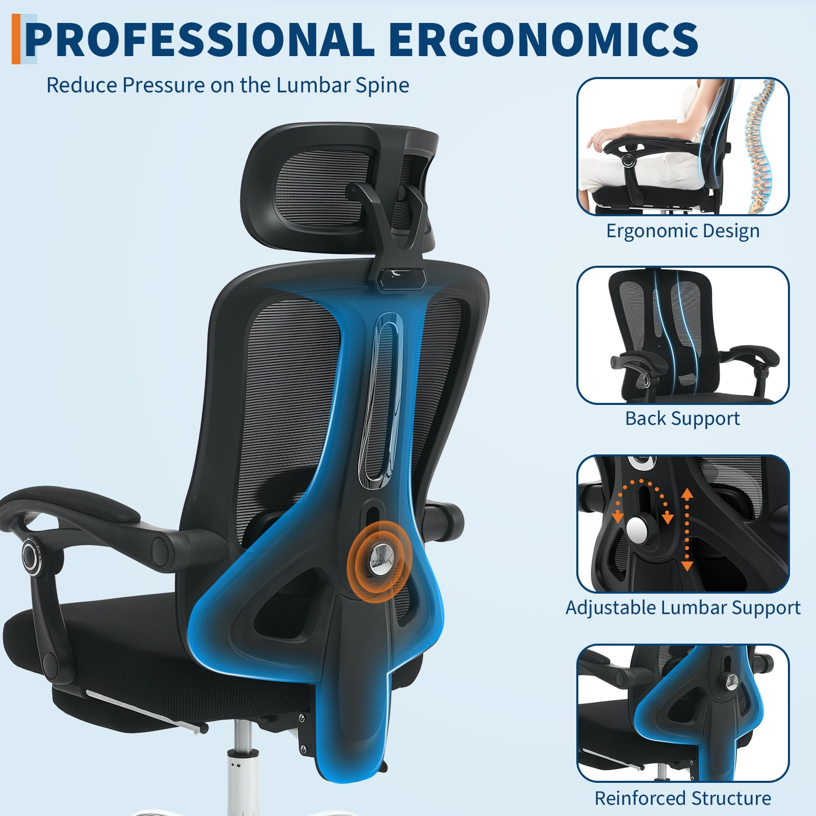 Ergonomic Office Chair with Footrest & Headrest – High Back Mesh Desk Chair, 90-140° Recline with Lock, 360° Swivel, Breathable Mesh for Home & Office – Heavy Duty for Men & Women