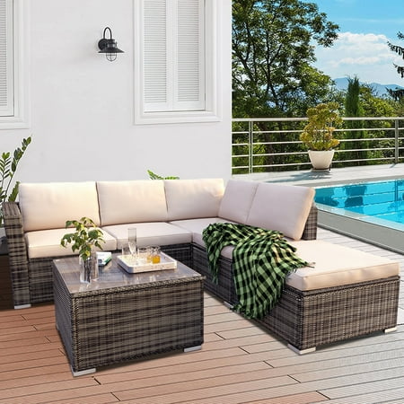 Wicker Patio Sets 4 Piece Outdoor Sectional Sofa Set with 2-Seater Sofas Ottoman Coffee Table All-Weather Wicker Furniture Conversation Set with Cushions for Backyard Porch Garden Pool L3552