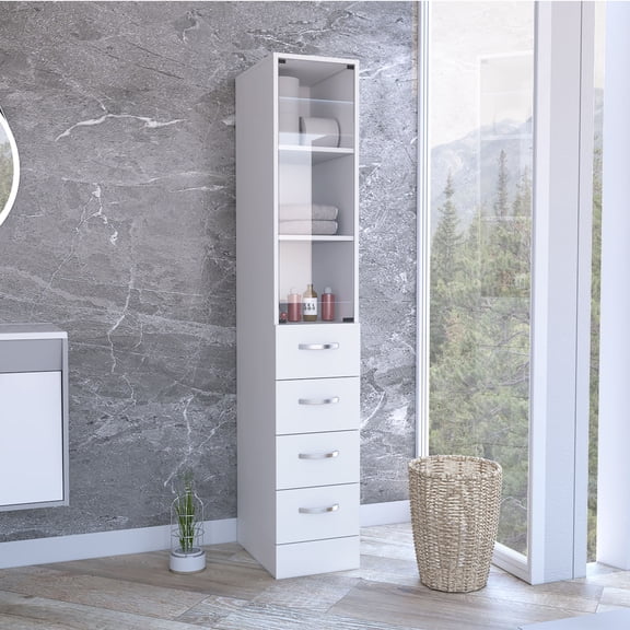 Youmumeub 68" Tall Linen Cabinet, Modern Freestanding Bathroom Storage Cabinet with 4 Drawers & 3 Shelves, Engineered Wood Utility Tower for Bedroom, White