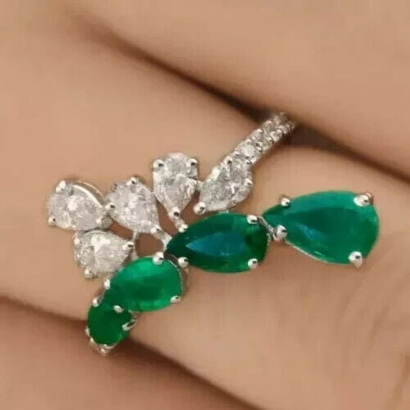 2Ct Pear Cut Lab-Created Green Emerald Bypass Women's Wedding Ring 14k White Gold Plated