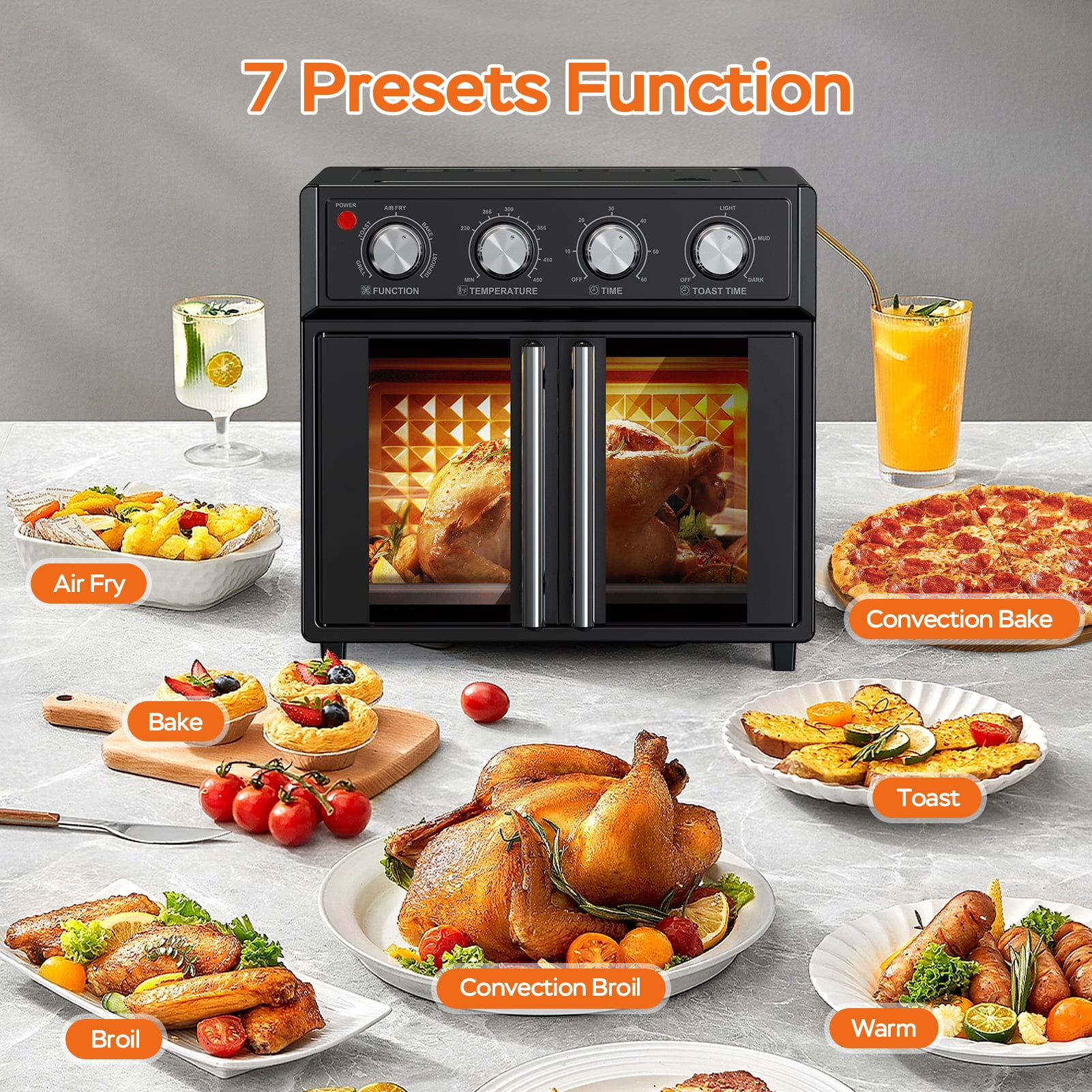 27.5 QT Large capacity French Double-Door Air Fryer Convection Toaster Oven, 1700W, 7 Preset Menus, 7-in-1 Multi-Function for Bake, Roast, Grill, Toast, Dehydrate& Defrost, Stainless Steel,Black