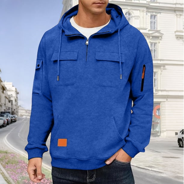 pstuiky Camisas suaves de manga larga para hombre, Sudadera con capucha, cremallera de un cuarto y múltiples bolsillos de manga larga de color liso para hombre Tops de talla grande para hombre xxl