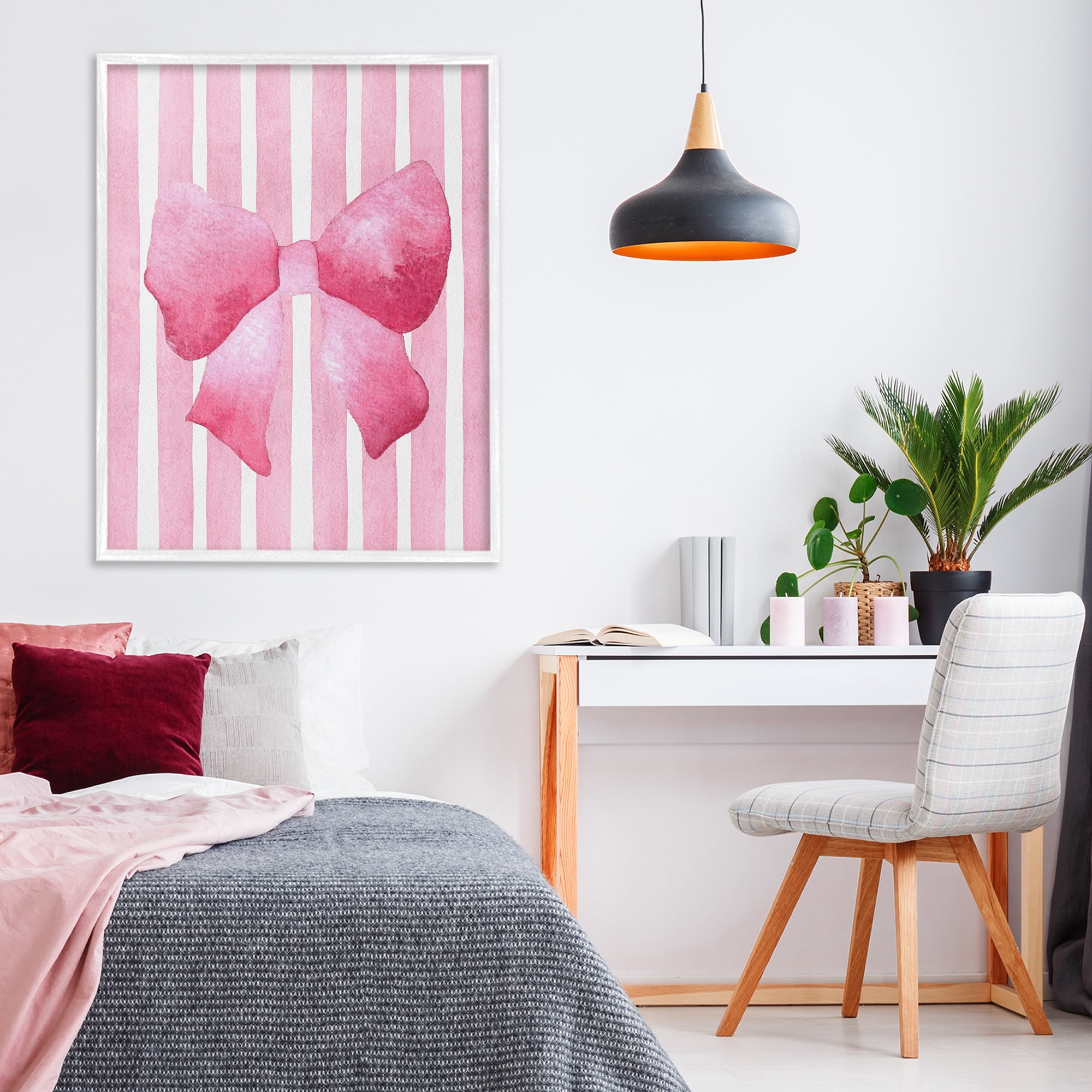 Stupell Industries Chic Bow on Pink Stripes White Framed Giclee Art, design by Camila Juncos