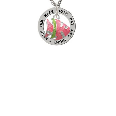 Keeping Tropical Fish - Hot Pink Tropical Fish with Lime Green Stripe Keep Him Safe Affirmation Ring Necklace