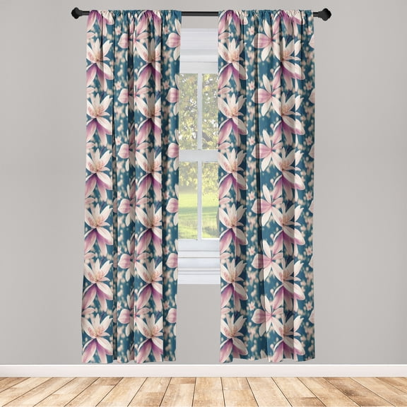 Floral Window Curtains, Garden of Magnolia Flowers with Blurred Backdrop Spring Season, Lightweight Decor 2-Panel Set with Rod Pocket, Pair of - 28"x63", Petrol Blue and Pale Purple, by Ambesonne