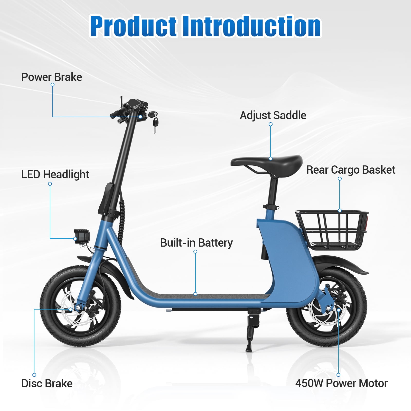 Lohoms Updated 450W Foldable Electric Scooters Bike, Adult Electric Moped Commuter Ebike Biycle Waterproof E-Scooter With Seat Basket 12 in Off-Road Tires,Blue