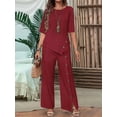 thumbnail image 4 of Women'S Asymmetric Hem Pants Set Elegant Fashion Casual Button Sleeve Shirt Loose Two Piece Outfit Wine Red 4XL, 4 of 7