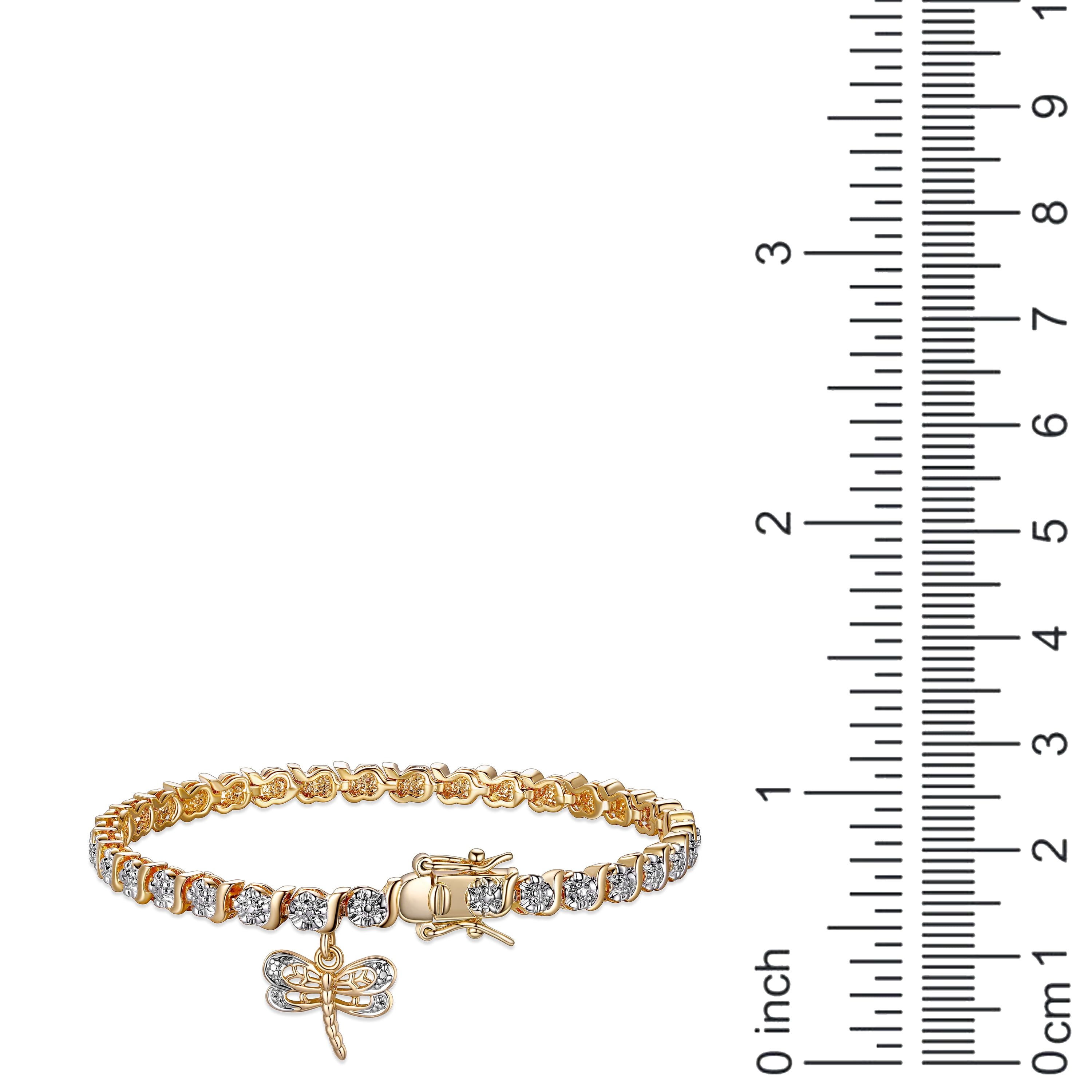 18K Yellow Gold Plated Diamond Accent Dragonfly Charm Tennis Bracelet, 7.25"