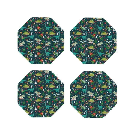 

Junzan Christmas Dinosaur colorful Print Coasters for Drinks - Leather Coasters Set of 4 for Coffee Table for Housewarming/Kitchen/Bar/Decor-Octagon