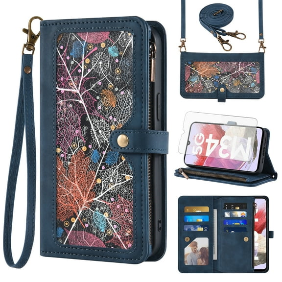 Asuwish Phone Case for Samsung Galaxy A25 5G/A24 4G/M34 /F34 Wallet Cover With Tempered Glass Screen Protector Crossbody Wrist Strap Flip Pattern Zipper Credit Card Holder Cell A 25 25A 24A LTE Blue