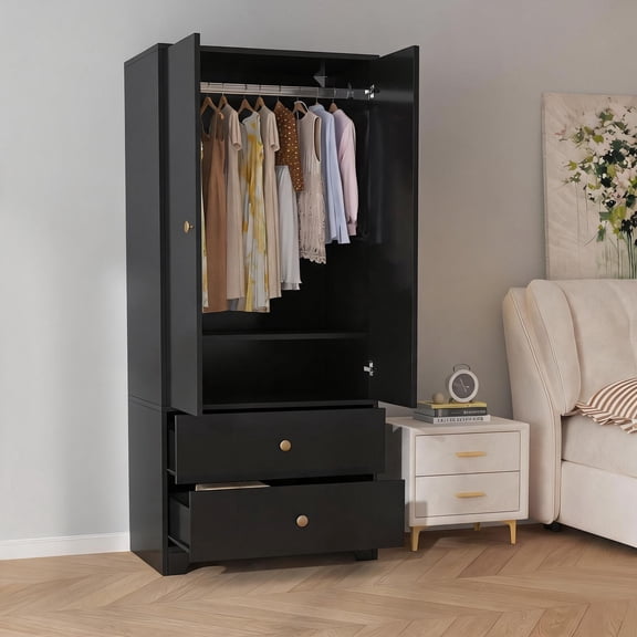 Gaderth Wooden Armoire Wardrobe Closet With 2 Drawers, 71"Bedroom Armoires Freestanding Clothing Storage Cabinet With Hanging Rod, 2 Doors Wardrobe Cabinet For Bedroom, Cloakroom