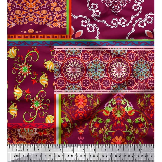 Soimoi Rayon Crepe Fabric Floral & Damask Patchwork Print Fabric by The Yard 46 Inch Wide