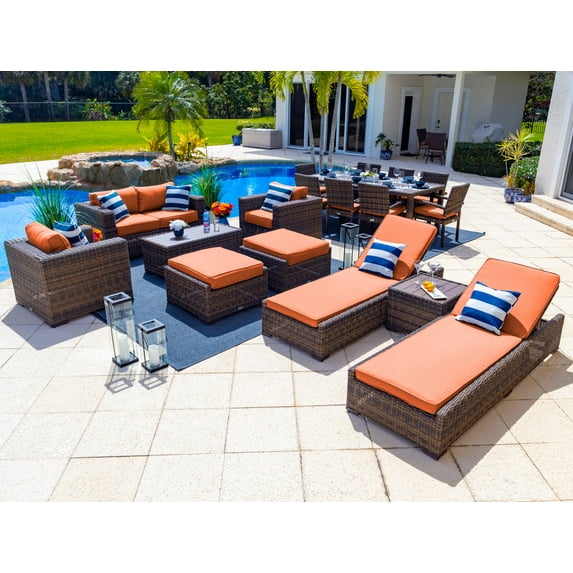 Tuscany 18-Piece Resin Wicker Outdoor Patio Furniture Combination Set with Loveseat Lounge Set, Eight-Seat Dining Set, and Chaise Lounge Set (Half-Round Brown Wicker, Sunbrella Canvas Tuscan)