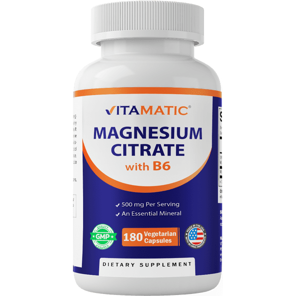 Vitamatic Magnesium Citrate 500mg per Serving - 180 Vegetarian Capsules (Provides 150 mg of Elemental Magnesium) - Added B6 for Maximum Absorption - Supports Muscle, Joint, and Heart Health*