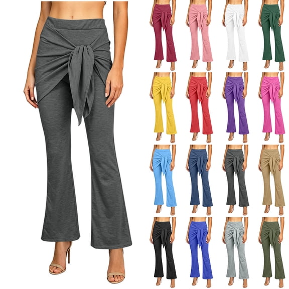 AKOEE Flared Leggings for Women Tie Front Skirted High Waist Stretchy Bell Bottoms Yoga Workout Casual Pants (M, Dark Gray)