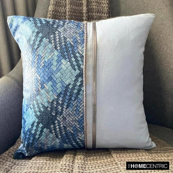 Pillow Cover, Blue Pillow Case Cover, 16x16 inch (40x40 cm) Linen & Faux Leather Cushion Cover, Pillow Covers with Patchwork Patterned, Modern Style Pillow - Sky Half Tone
