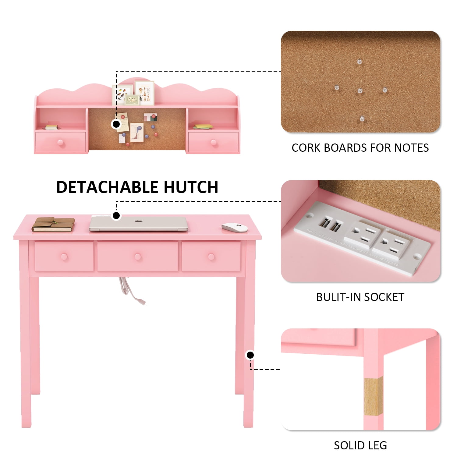 LAZZO 36" Writing Desk with Detachable Hutch & Drawers, Home Office Study Desk, Pink