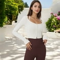 thumbnail image 2 of Women's Button-Up Long Sleeve Crop Top with Scoop Neck and Thumbhole Cuffs- Large, Ivory, 2 of 4