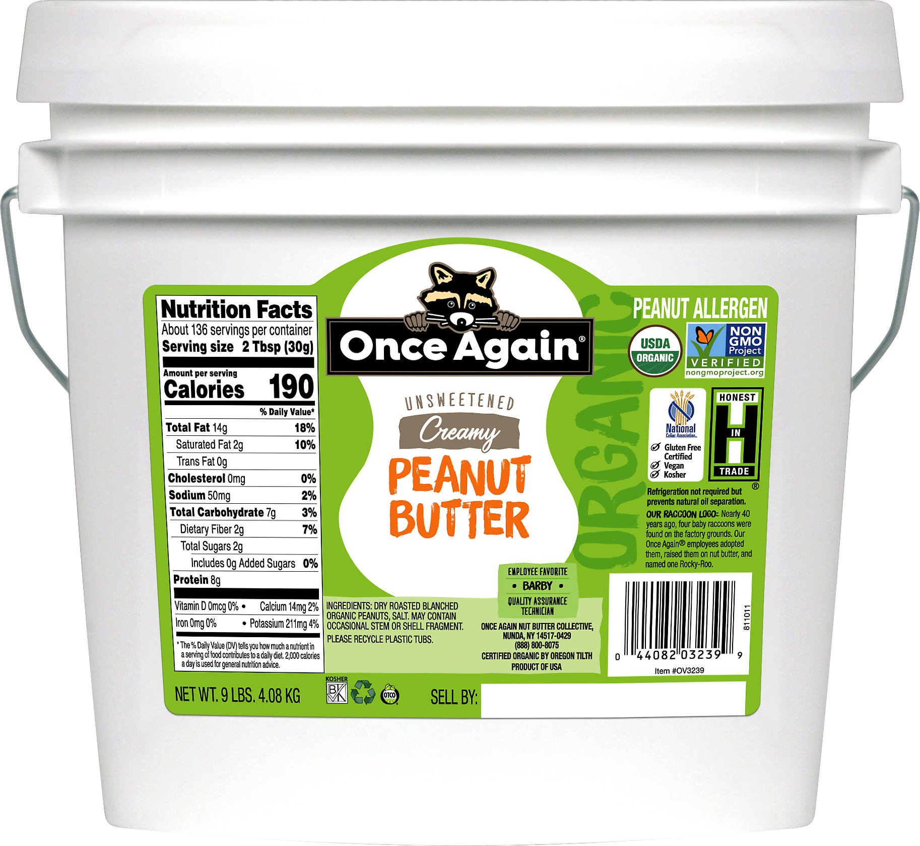 Once Again Unsweetened Creamy Organic Peanut Butter 9 lb