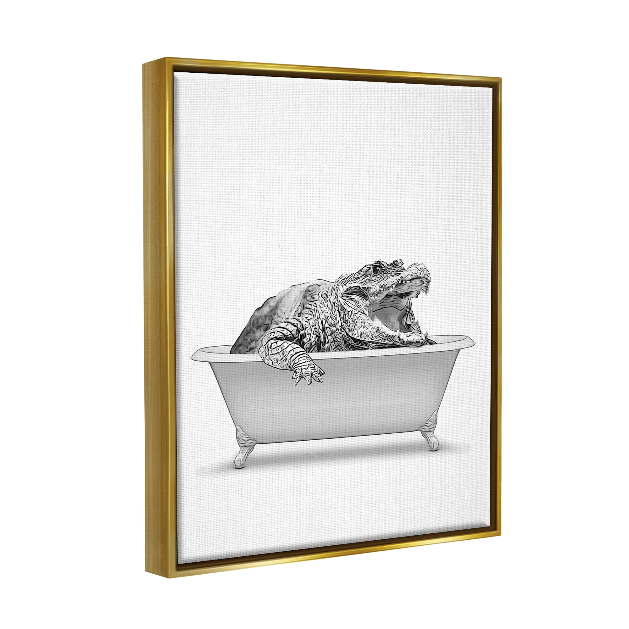 Stupell Industries Crocodile Bathroom Wildlife Tub Animals & Insects Painting Gold Floater Framed Art Print Wall Art