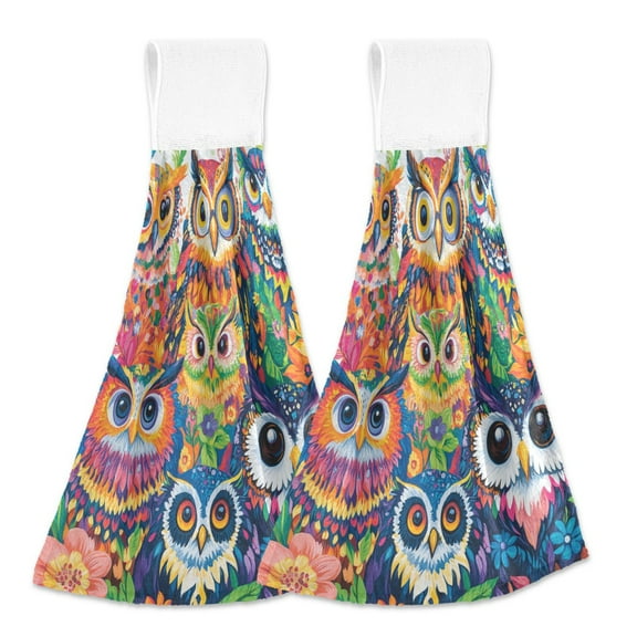 BZSMCE Hanging Hand Towels Fashion Whimsical Owl Gathering Pattern 2-Pack - Velcro Style Bathroom Kitchen Towels