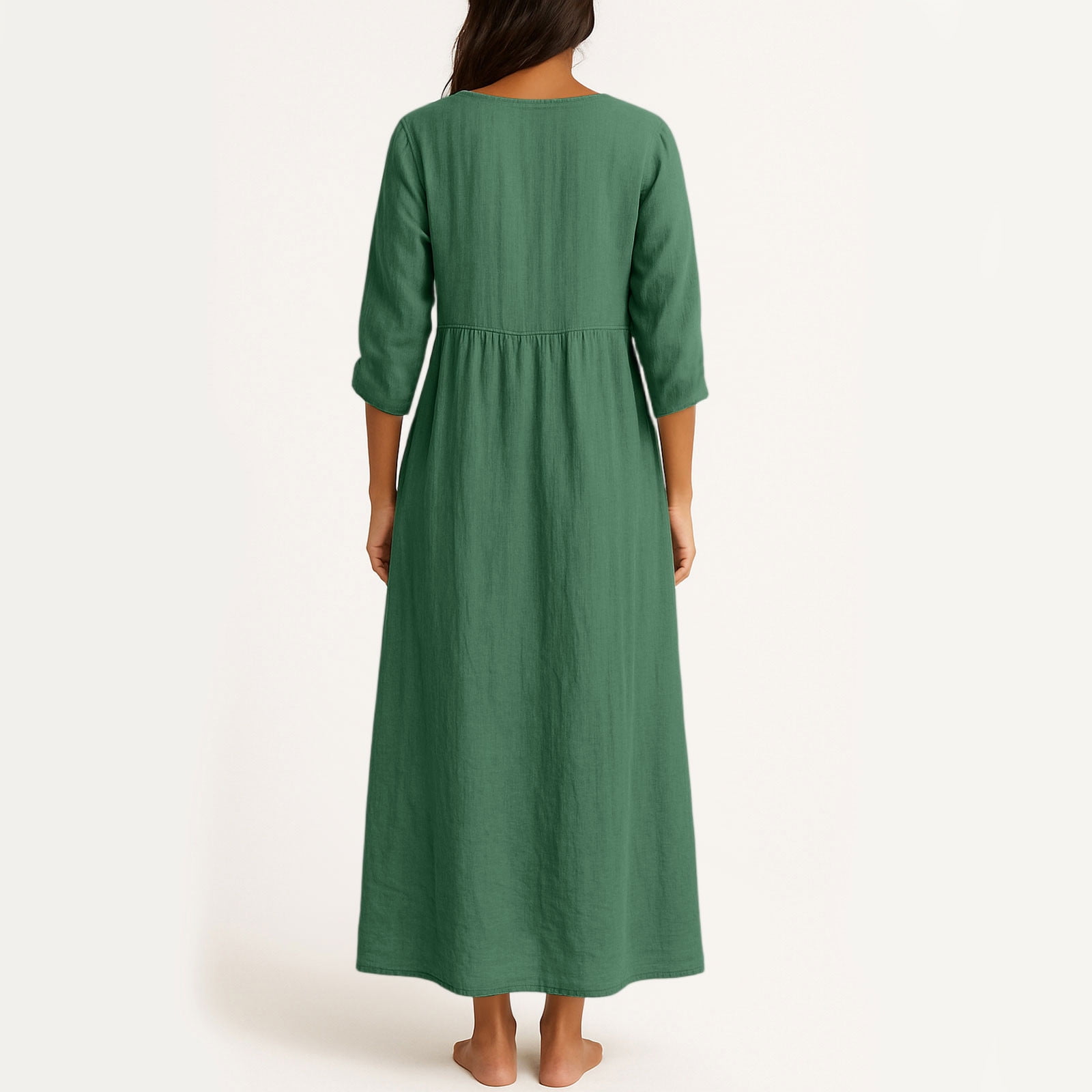 JGGSPWM Linen Dress Women V Neck Long 3/4 Sleeve Tunic Boho Maxi Dress Casual Spring and Autumn Plain Flowy Beach Vacation Dresses Green M