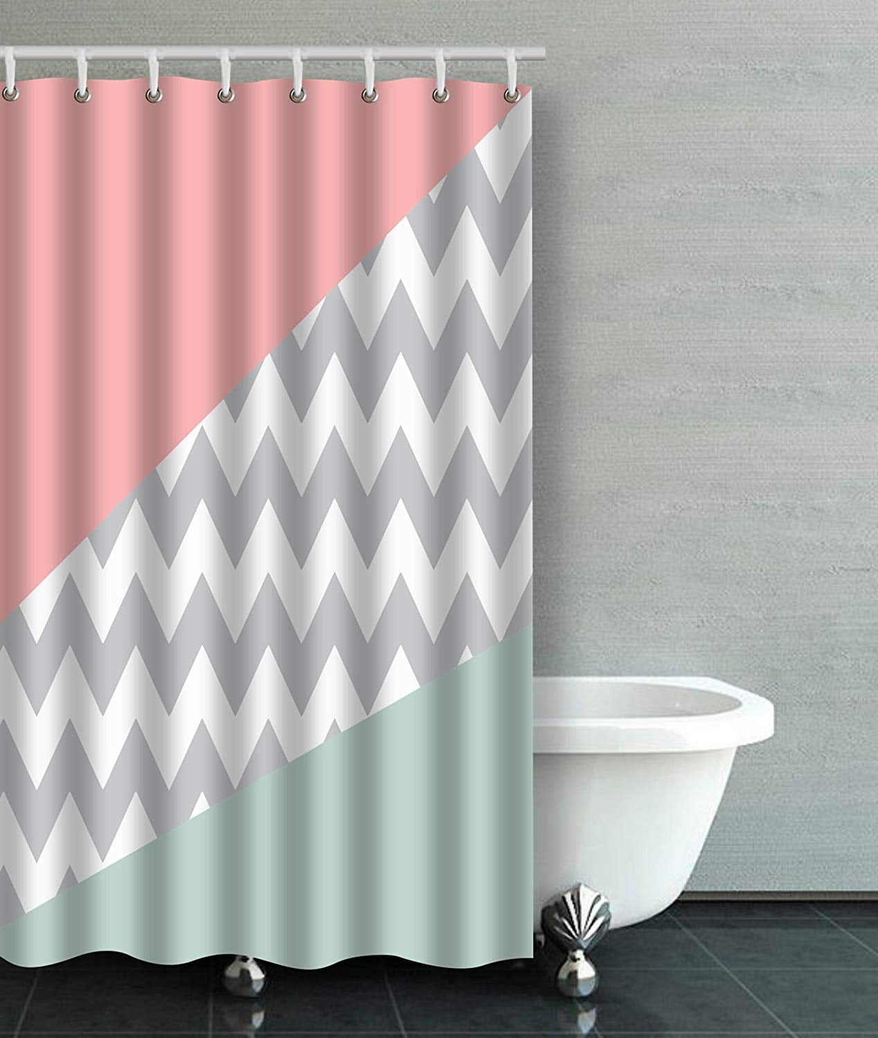 ARTJIA Mint Pink White Gray Chevron Striped Pattern Bathroom Shower