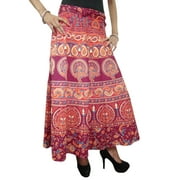 Mogul Women's Indian Cotton Wrap Around Skirt Pink Ethnic Print Halter Dress