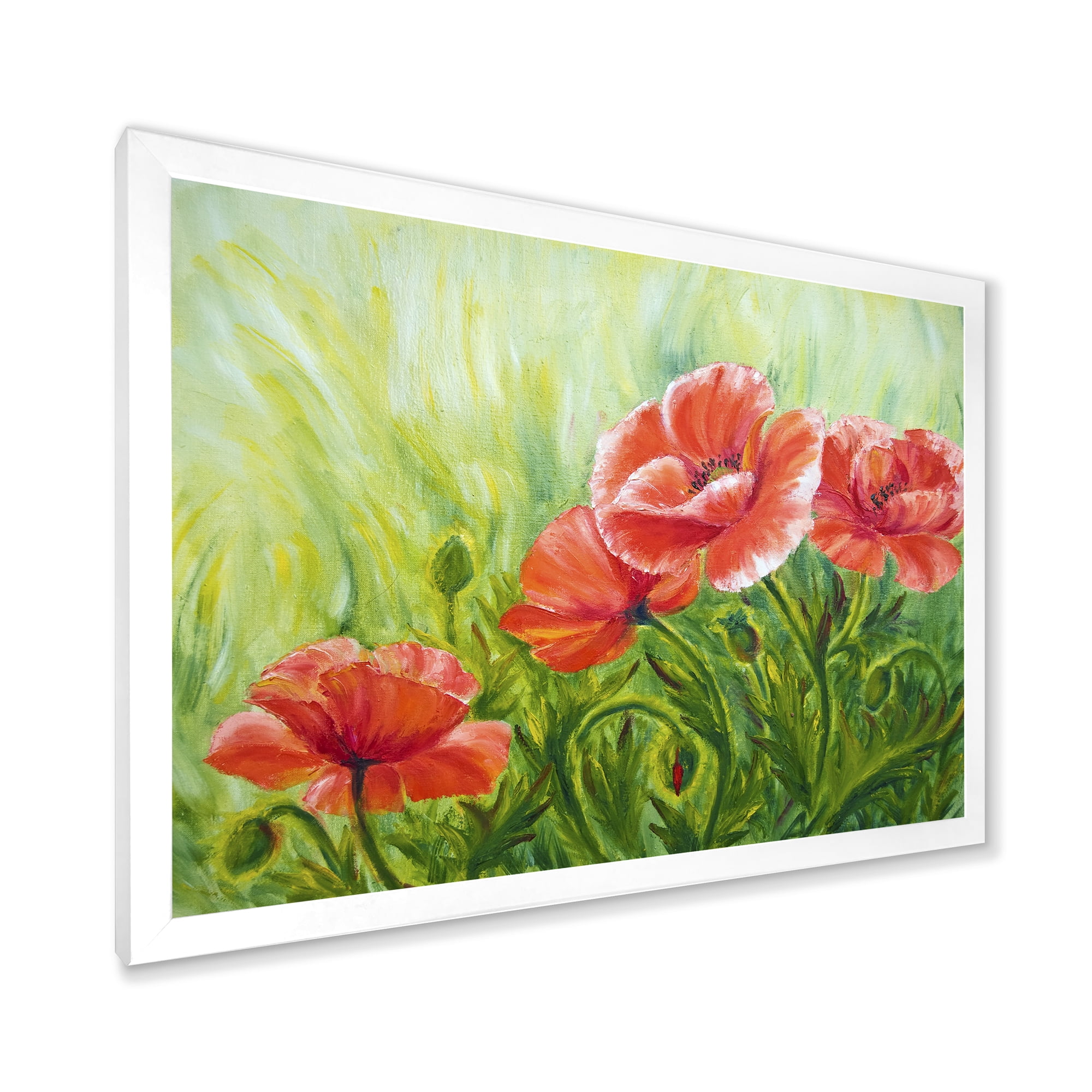 Designart 'Red Blossoming Poppies Over Wild Green III' Traditional Framed Art Print