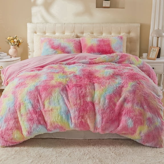 EMME Plush Shaggy Purple Duvet Cover Set King Size 3 Pieces Luxury Fuzzy Comforter Cover Set, Soft Faux Fur Fluffy Winter Bedding Set (Rainbow, King )